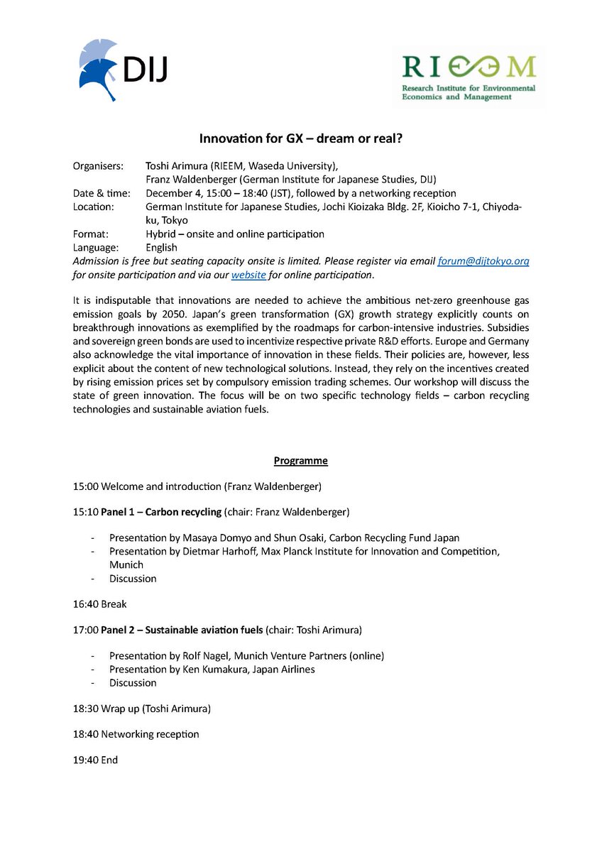 DIJ Tokyo (@dij_tokyo) on Twitter photo Innovation for #GX – dream or real? Join our DIJ-RIEEM hybrid panels on Dec 4 discussing Carbon Recycling & Sustainable Aviation Fuels ft M. Domyo & S. Osaki <a href="/carbon_recycle1/">一般社団法人カーボンリサイクルファンド Carbon Recycling Fund Inst.</a> <a href="/DietmarHarhoff/">Dietmar Harhoff</a> <a href="/MP_Innovation/">MaxPlanck-Innovation</a> R. Nagel, K. Kumakura <a href="/ArimuraToshi/">Toshi Arimura</a> <a href="/franzDIJTokyo/">Franz Waldenberger</a> dijtokyo.org/event/innovati… Innovation for #GX – dream or real? Join our DIJ-RIEEM hybrid panels on Dec 4 discussing Carbon Recycling & Sustainable Aviation Fuels ft M. Domyo & S. Osaki <a href="/carbon_recycle1/">一般社団法人カーボンリサイクルファンド Carbon Recycling Fund Inst.</a> <a href="/DietmarHarhoff/">Dietmar Harhoff</a> <a href="/MP_Innovation/">MaxPlanck-Innovation</a> R. Nagel, K. Kumakura <a href="/ArimuraToshi/">Toshi Arimura</a> <a href="/franzDIJTokyo/">Franz Waldenberger</a> dijtokyo.org/event/innovati…