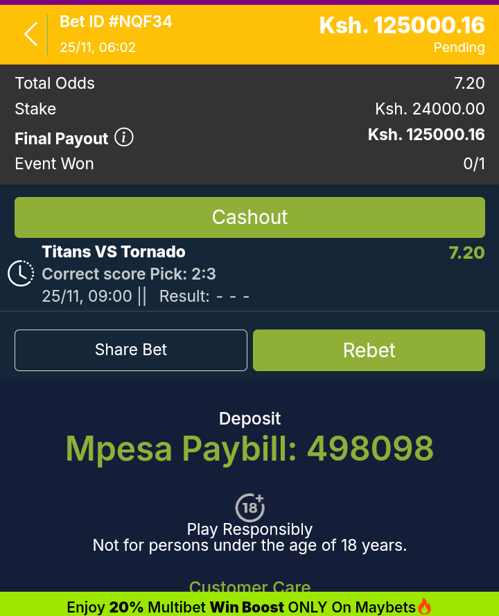 4 slips for Rush hour stake all separately 

❇️Volleyball single correct score 👉maybets.com/share/NQF34

❇️Volleyball overs/unders 👉maybets.com/share/NQF35

❇️Volleyball extra points win 👉maybets.com/share/NQF2U

❇️Volleyball 3 correct scores 👉maybets.com/share/NQF2Z
