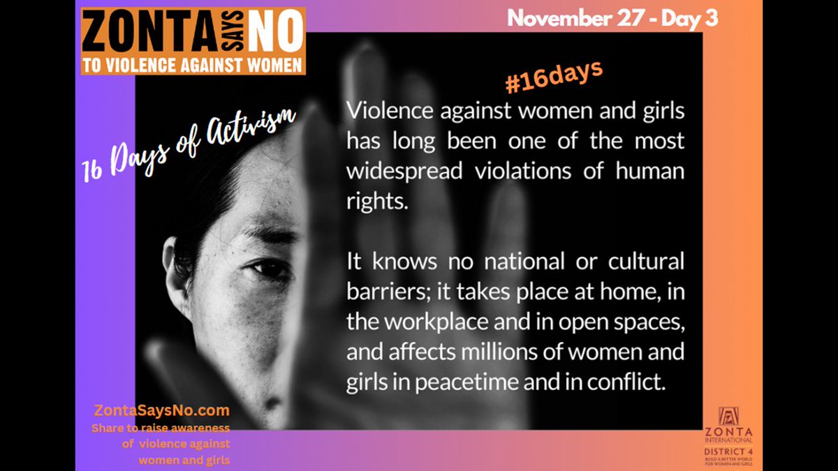 Zonta International envisions a world in which women’s rights are recognized. In such a world, no woman lives in fear of violence
#ZontaD4 #ZontaSaysNO
<a href="/ZontaD4/">Zonta District 4</a> @ZontaSaysNO <a href="/ZontaIntl/">Zonta International</a>