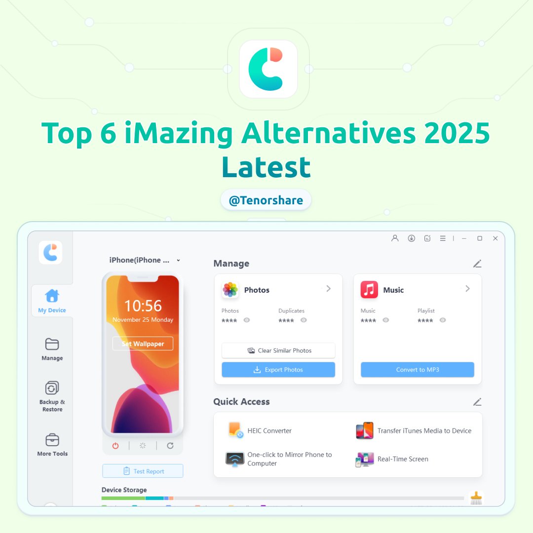 Tenorshare_Inc's tweet image. 🥇What are some apps similar to or even better than iMazing?
🔍Read the article below: Top 6 iMazing Alternatives 2024 Latest

🔗tenorshare.com/iphone-data/be… 
#Tenorshare #iCareFone #iPhoneBackup #iCloud
