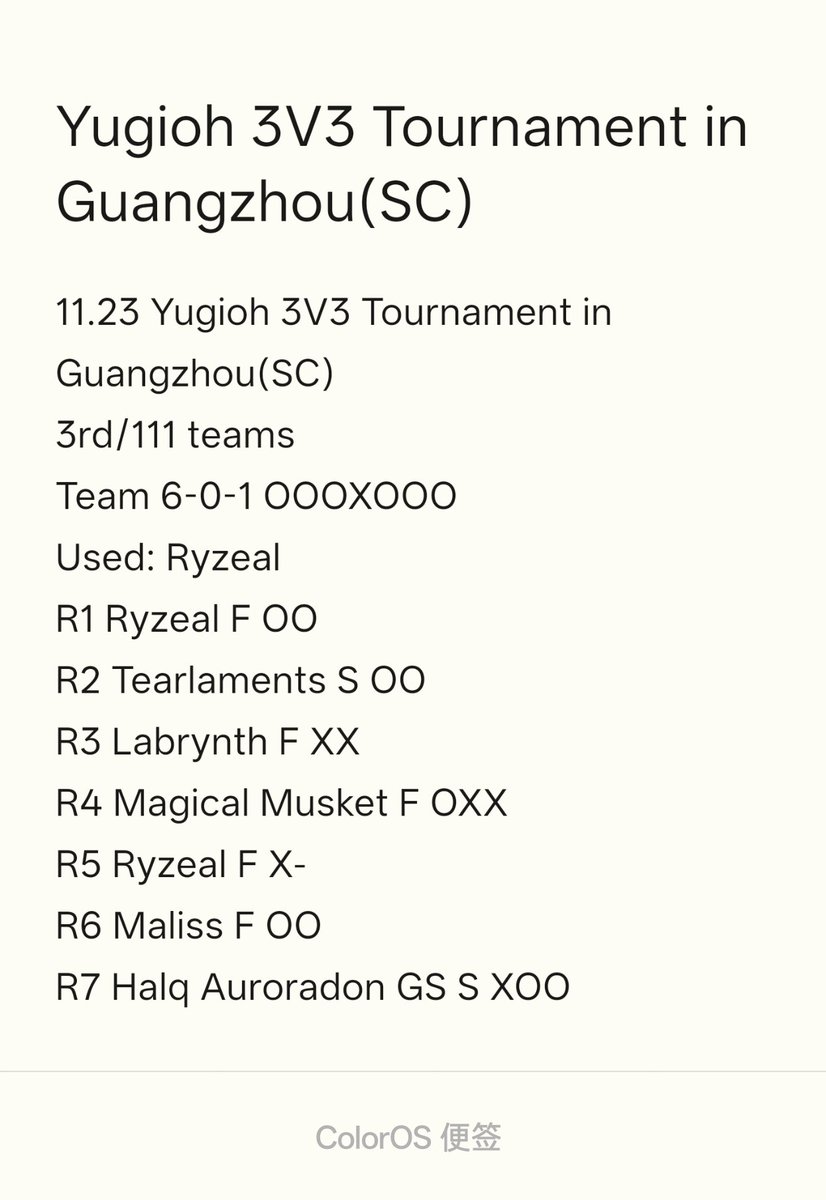 hexzhou's tweet photo. Yugioh 3V3 Tournament in Guangzhou(SC)
3rd/111teams
Team:6-0-1 Individual:4-1-2
This marks my first time achieving a top ranking in an official tournament!
A heartfelt thank you to my teammates and friends who lent me cards and practiced with me. You guys all are fucking awesome! https://t.co/eqkZSLGas9