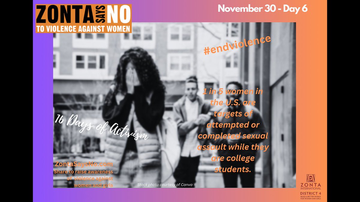 1 in 5 women in the U.S. are targets of attempted or completed sexual assault while they are college students.
#ZontaD4 #ZontaSaysNO
<a href="/ZontaD4/">Zonta District 4</a> @ZontaSaysNO <a href="/ZontaIntl/">Zonta International</a>