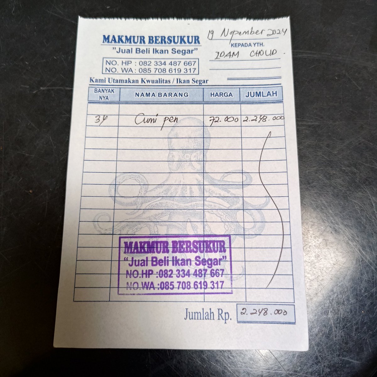 yogaedwi1's tweet photo. Rabu (19/11/2024), Yoga, Luhkan Kab. Trenggalek, hasil tangkapan nelayan KUB Sekar Arum (Bpk Idam Kholid) Desa Tasikmadu, Cumi Pen 34kg 72.000/kg
@bppsdm_puslatkp
#GiatLuhkanSatminkalBWI 
#luhlapor https://t.co/EpTJylMMdb
