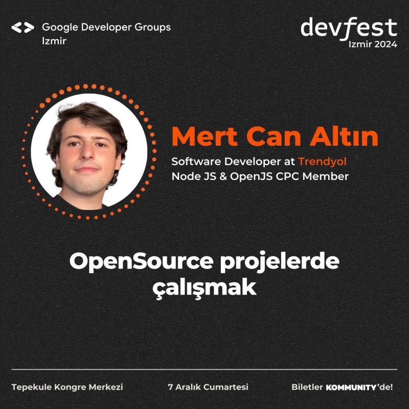 7 Aralık 2024 Cumartesi günü GDG Izmir'de olacağım! Açık kaynak projelerde çalışmanın prensiplerinden ve bu projelerde yer almanın sağladığı katkılardan bahsediceğim herkesi bekliyorum.
