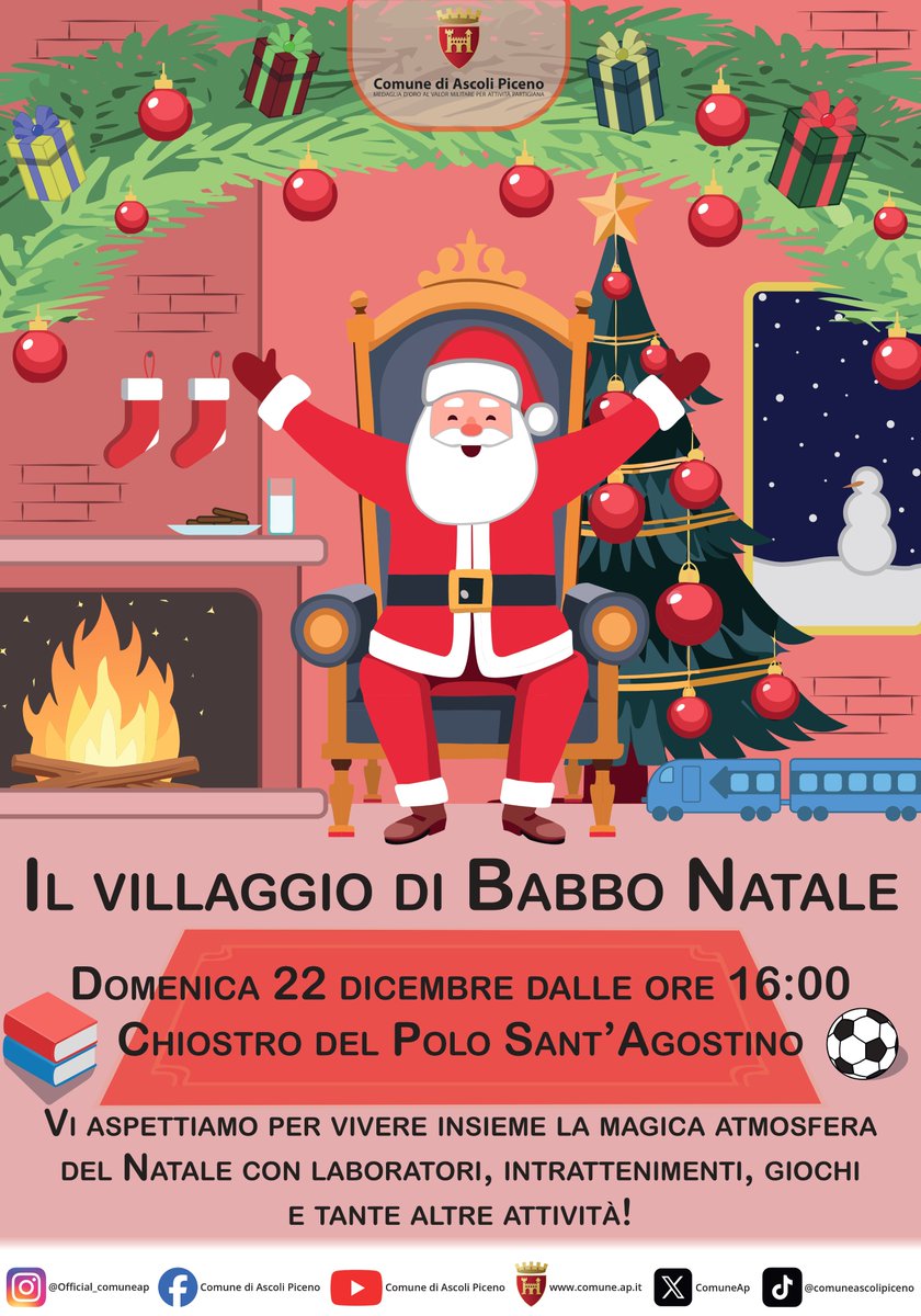 Domenica 22 dicembre al chiostro del Polo di Sant'Agostino, alle ore 16.00, aprirà i battenti "Il villaggio di Babbo Natale", per vivere insieme la magica atmosfera del Natale con laboratori, intrattenimenti, giochi e tante altre attività.

facebook.com/ascolipiceno/p…