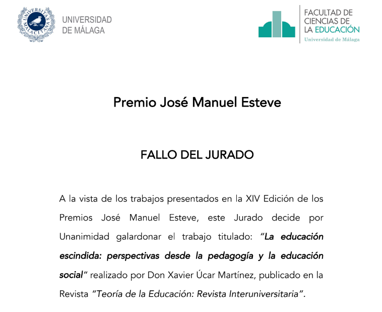 Muchas felicidades a Xavier Úcar (<a href="/xavierucar/">Xavier Úcar</a>) de la <a href="/UABBarcelona/">Universitat Autònoma de Barcelona</a>, ganador del XIV Premio José Manuel Esteve, por su artículo "La educación escindida: perspectivas desde la pedagogía y la educación social". 

Texto completo: revistas.usal.es/tres/index.php…