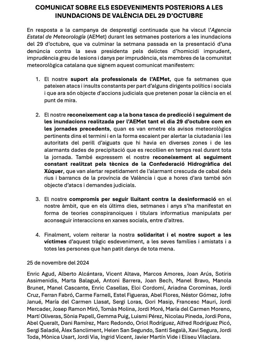 ✍🏼 Un grup de meteoròlegs i dones i homes del temps catalans signem avui aquest manifest per donar el nostre suport a la tasca de l'<a href="/AEMET_Esp/">AEMET</a> i mostrar el nostre rebuig a la desinformació i a la persecució política i judicial que pateixen des de fa un mes: