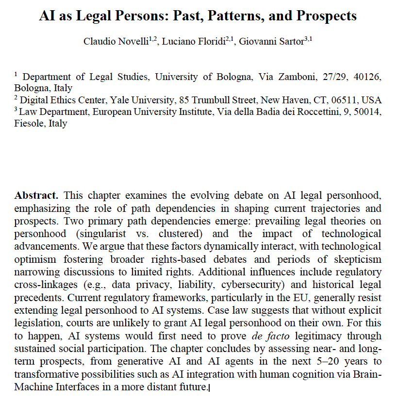 Claudio Novelli (@novelli_claudio) on Twitter photo 🚨 New Working Paper: AI as Legal Persons: Past, Patterns, and Prospects. With @Floridi and <a href="/GiovanniSartor3/">Giovanni Sartor</a>
Open Access: lnkd.in/dPCe3YHW 🚨 New Working Paper: AI as Legal Persons: Past, Patterns, and Prospects. With @Floridi and <a href="/GiovanniSartor3/">Giovanni Sartor</a>
Open Access: lnkd.in/dPCe3YHW