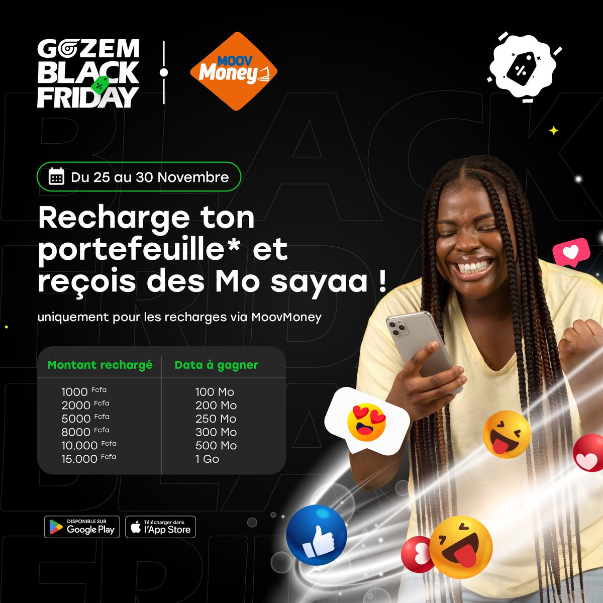 GozemBJ's tweet image. Surprise1 : Du 25 au 30 Novembre 2024 , bénéficie gratuitement des forfaits #Moov à chaque recharge de ton portefeuille Gozem via #MoovMoney !  

Effectue des achats et gagne de nombreux lots ! C'est par ici :  pagelink.gozem.co/smik #GozemBlackFriday #blackfriday2024