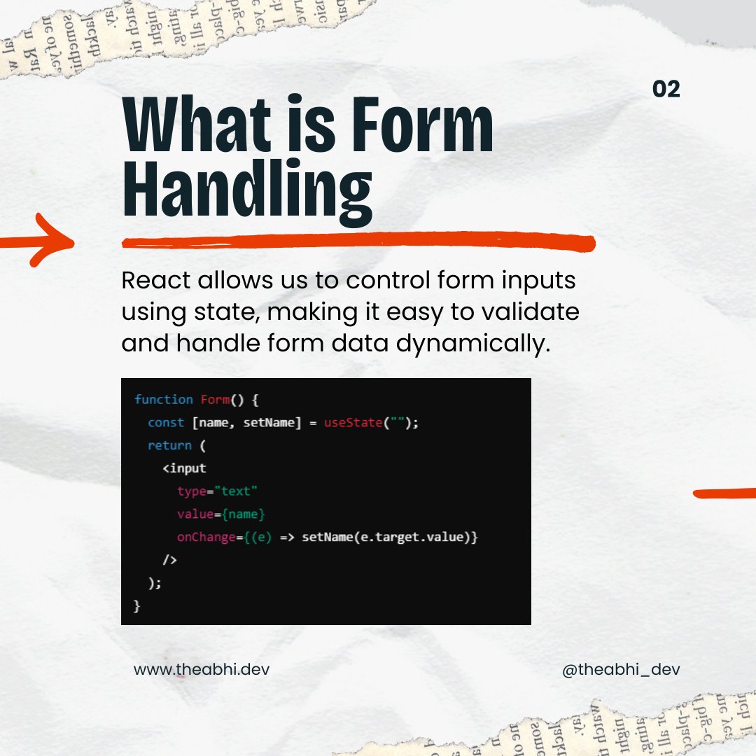 theabhi_dev's tweet image. Master form handling in React! 🚀 Learn two-way binding, validation techniques, and error management for building powerful forms. 💡 #ReactForms #TwoWayBinding #MERNChallenge 1/2