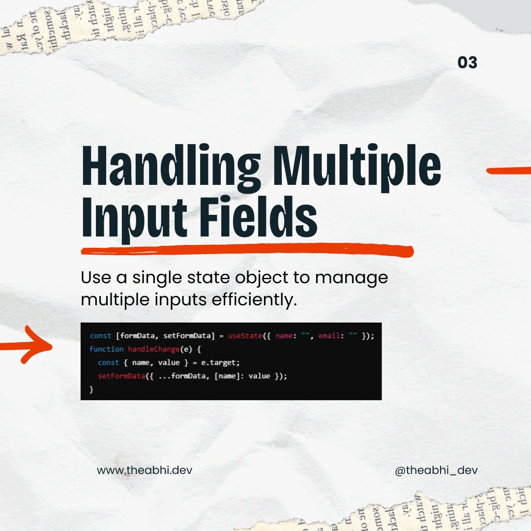 theabhi_dev's tweet image. Master form handling in React! 🚀 Learn two-way binding, validation techniques, and error management for building powerful forms. 💡 #ReactForms #TwoWayBinding #MERNChallenge 1/2