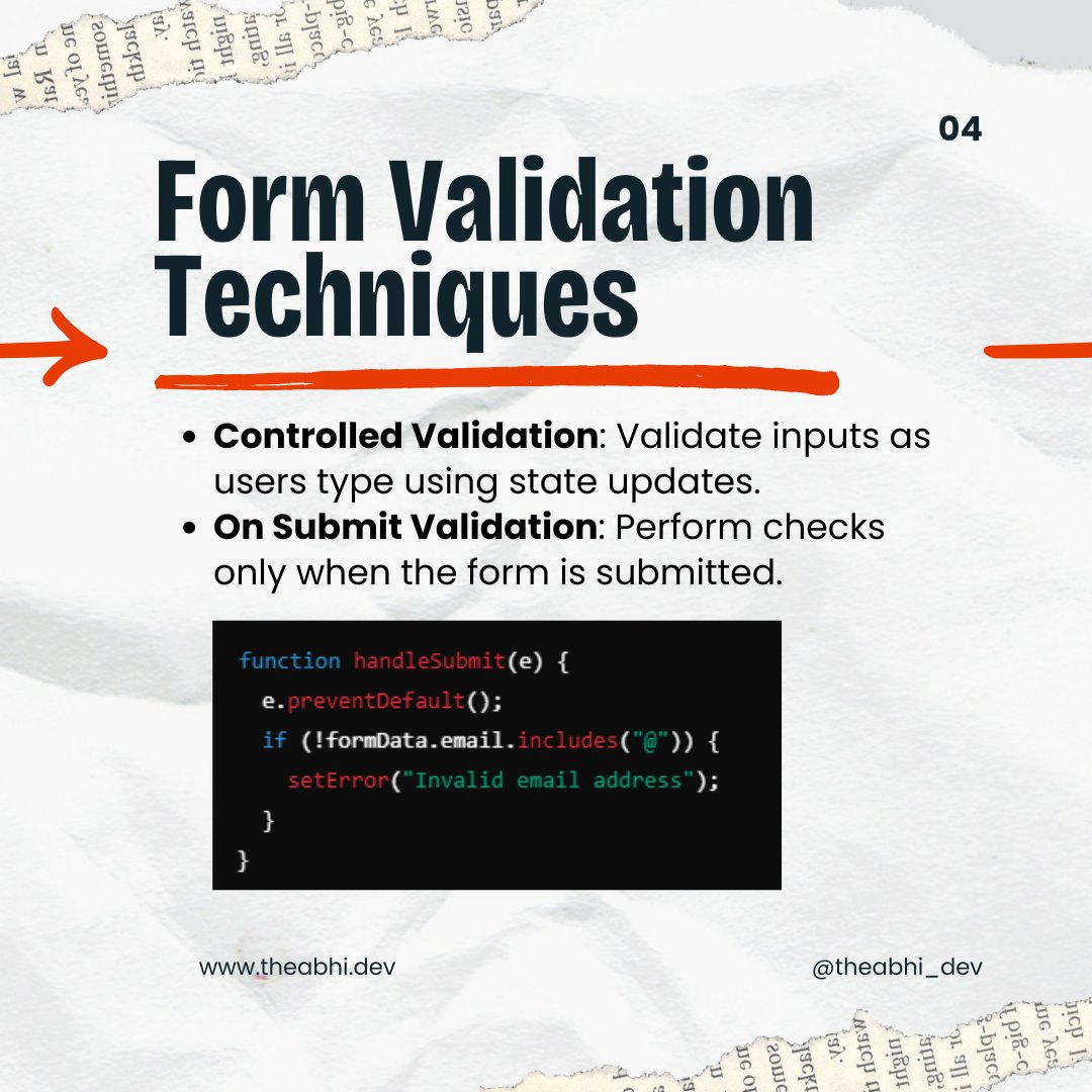 theabhi_dev's tweet image. Master form handling in React! 🚀 Learn two-way binding, validation techniques, and error management for building powerful forms. 💡 #ReactForms #TwoWayBinding #MERNChallenge 1/2