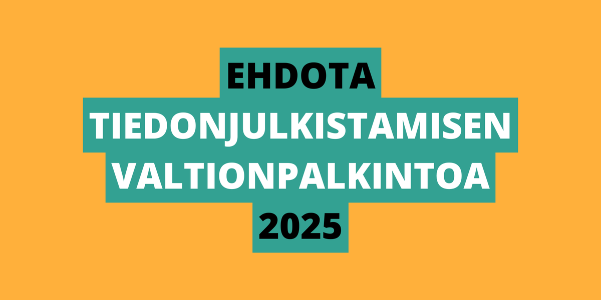 Vielä ehdit tehdä ehdotuksen Tiedonjulkistamisen valtionpalkinnoksi!  
Kuka kirjoittaja, tutkija, taiteilija tai yhteisö on edistänyt julkista keskustelua ja tiedon avointa välitystä? Kerro meille 1.12. mennessä: tjnk.fi/fi/valtionpalk…
