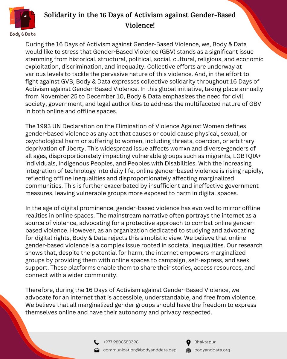 We at Body&amp;Data stand in solidarity during the #16DaysofActivism against Gender-Based Violence (GBV). GBV, both online and offline, is a pervasive issue rooted in societal inequalities and discrimination.

#16DaysOfActivism2023 #16DaysToEndGBV