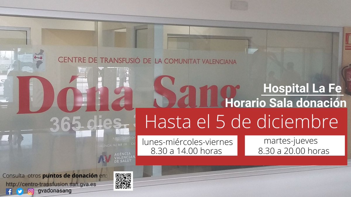 GVAdonasang's tweet image. Dona sang a l'@HospitalLaFe
📌Edifici Hospitalització

1 de cada 10 persones ingressades en un hospital necessita sang. La teua donació fa possible el seu tractament.

👉Pots donar si tens 18 anys, peses més de 50kg i gaudeixes de bona salut.