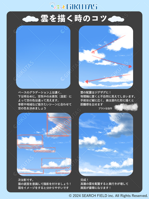 GIKUTAS's tweet photo. 💡ちょこっと GIKUTAS🖌️
【雲の描き方】
ポイントはジグザグ！
奥行きが出て広々とした空になります！

🔽大きい画像はnoteに掲載中🔽
https://t.co/gFQKuq4EiW
#ちょこっとGIKUTAS https://t.co/r0D0NP1ujq