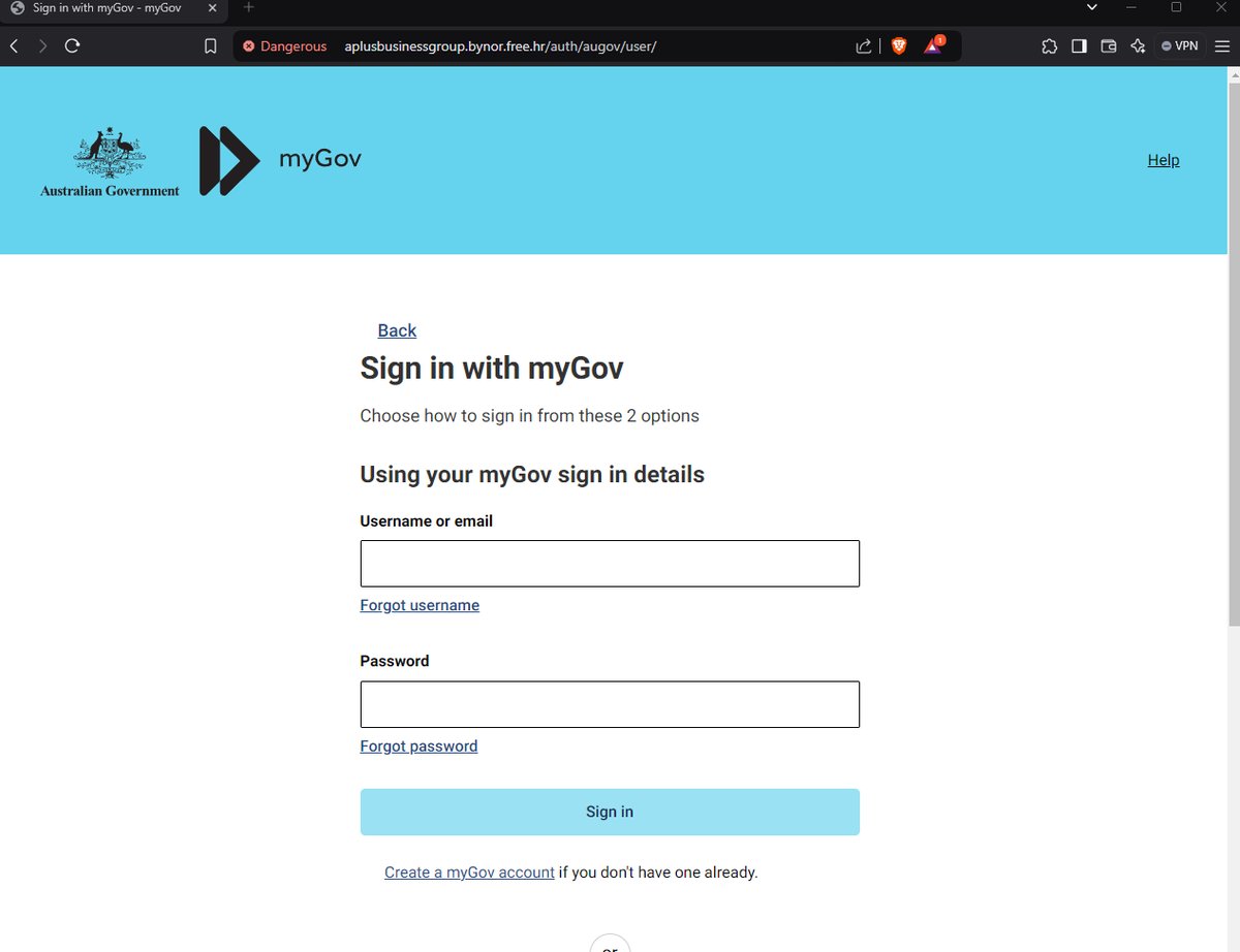 📢Phishing Site📢
🚨Australian Government
🎣Phishing: hxxp[://]aplusbusinessgroup[.]bynor[.]free[.]hr/auth/augov/user/
#phishing #Australianphishing  <a href="/Sync_Pundit/">Sync_Pundit 👽😎🔱🔥</a> <a href="/ActorExpose/"> IPAE!</a>  <a href="/urldna/">urlDNA.io</a> <a href="/PhisScan/">Phis Scan</a> <a href="/TRCert/">USOM</a> <a href="/PhisherOfMan/">Phisher Of Man</a> <a href="/cyberishlab/">cyberishlab</a> <a href="/Australia/">Australia</a> <a href="/CyberGovAU/">Australian Cyber Security Centre</a>