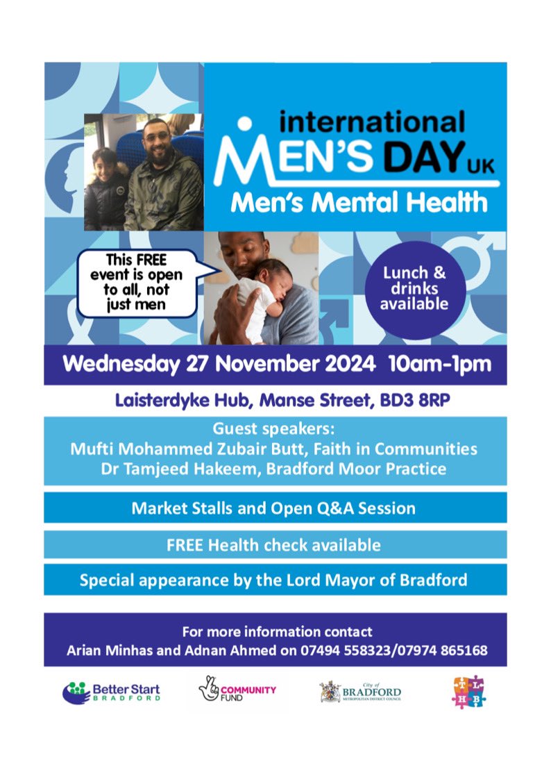 Bradford Trident (@bradfordtrident) on Twitter photo Join us on 27 November 2024 for an event on Men’s Mental Health, featuring guest speakers, free health checks, and lunch.
🗓️ When: 27 Nov 2024 | 10am–1pm  
📍 Where: Laisterdyke Hub, Manse Street, BD3 8RP 
Promote mental health awareness!  
📞 Info: 07494 558323 / 07974 865168 Join us on 27 November 2024 for an event on Men’s Mental Health, featuring guest speakers, free health checks, and lunch.
🗓️ When: 27 Nov 2024 | 10am–1pm  
📍 Where: Laisterdyke Hub, Manse Street, BD3 8RP 
Promote mental health awareness!  
📞 Info: 07494 558323 / 07974 865168