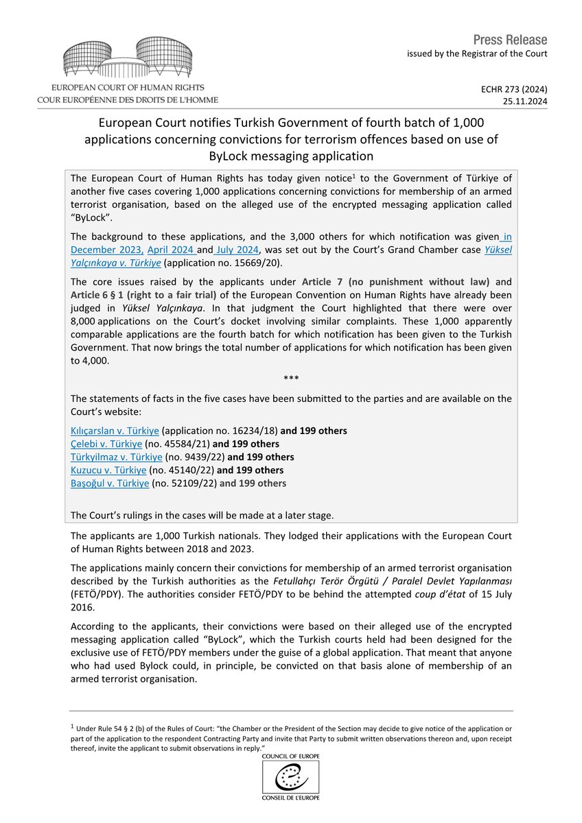 European Court notifies Turkish Government of fourth batch of 1000 applications concerning convictions for terrorism offences based on use of Bylock
hudoc.echr.coe.int/app/conversion…
#ECHR #CEDH #ECHRpress
