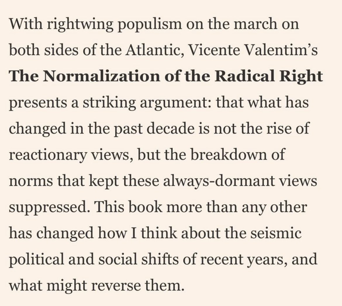 Book by <a href="/ValentimVicente/">Vicente Valentim</a> among the books of 2024! Great work on improving our understanding of the “normalisation” of the radical right. Here’s a quote by chief data reporter J.Burn-Murdoch on Vicente’s book:
