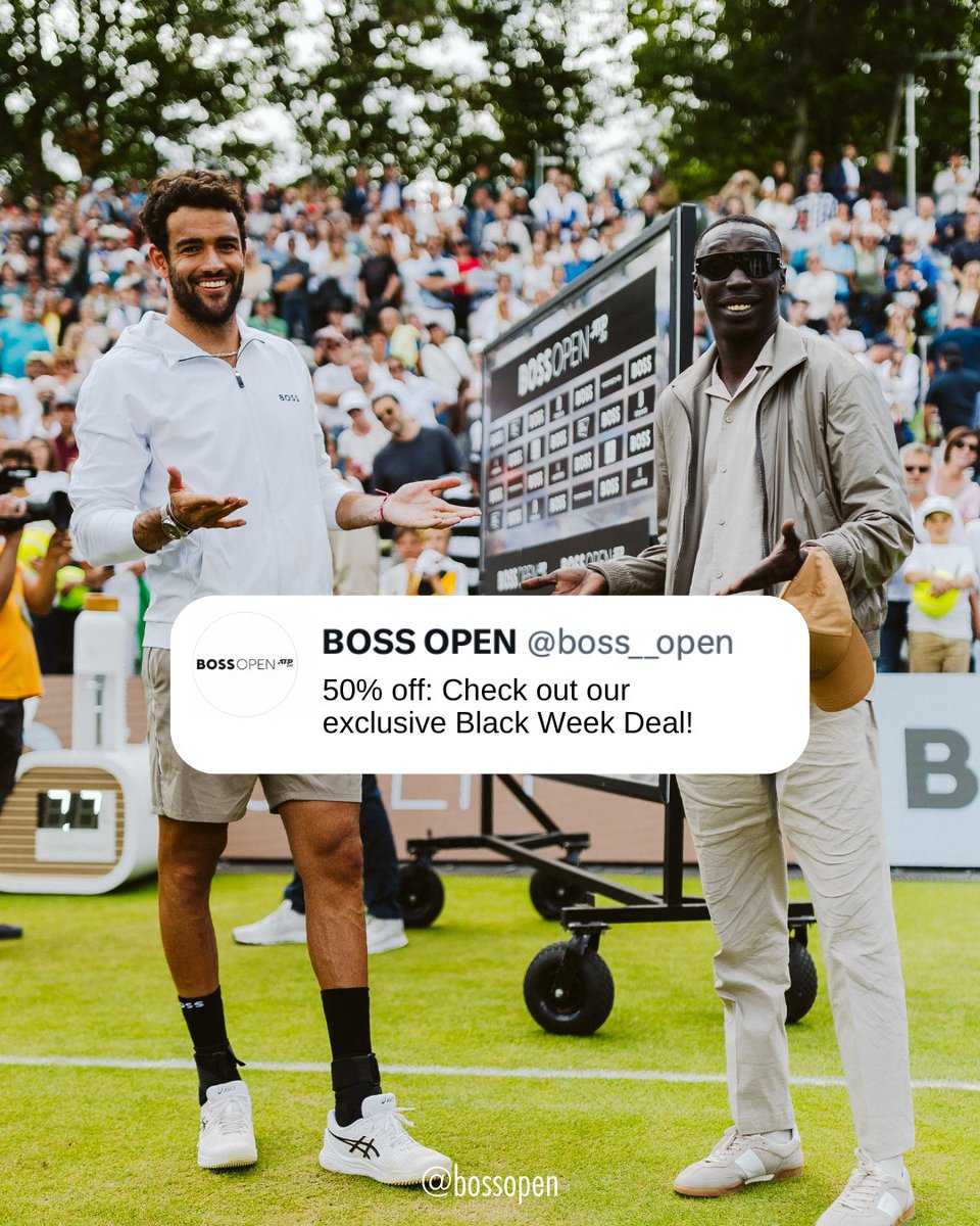 Do you already have plans for the Whitsun holidays 2025? We've got an idea and an even better Black Week Deal for you: You get a 50% discount on tickets for the tournament days Sun-Tuesday (8, 9 and 10 June)!

ticket-onlineshop.com/ols/boss-open/…

#blackweek #deal #atptour #atp #tennis