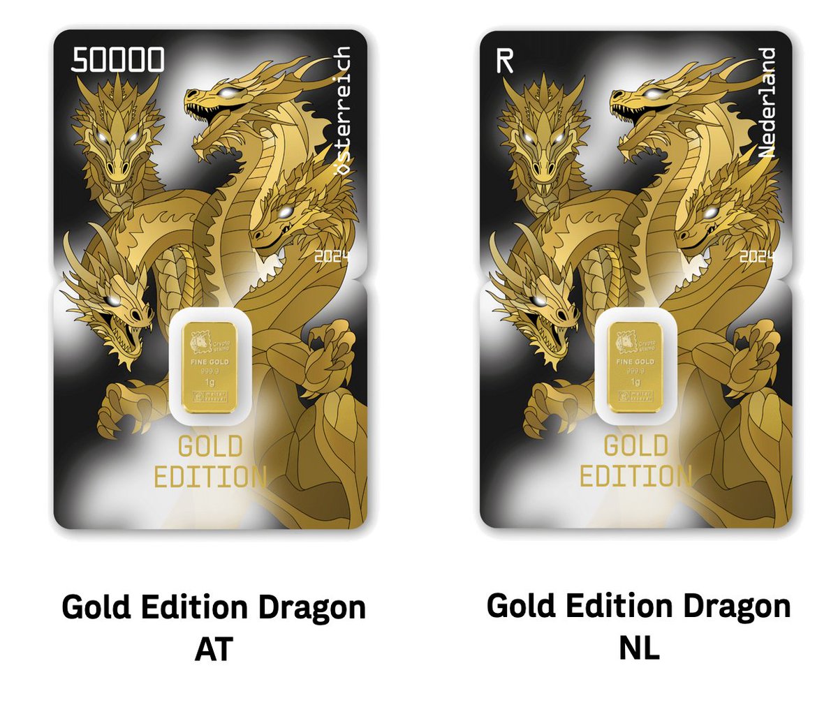 Two new #cryptostamps are released today! Crypto stamp Gold Edition Dragon  is limited to 500 stamps, each priced at EUR 500. #cryptostamp #dragon $ETH  #NFT #Ethereum $GLD
