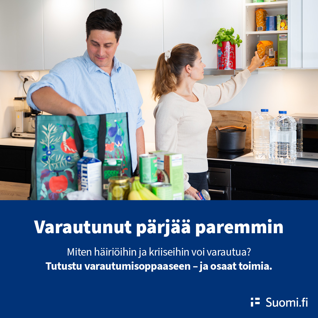 Jo 290 800 ihmistä on käynyt tutustumassa uuteen varautumisoppaaseen. Hienoa!

Käy parantamassa varautumistasi häiriö- ja kriisitilanteisiin, kuten pitkiin sähkö- tai vesikatkoihin, tulviin ja myrskyihin tai tietoliikennekatkoihin. 👉 Suomi.fi/varautuminen

<a href="/suomifi/">Suomi.fi</a>