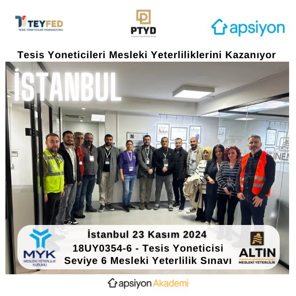 18UY0354-6 - Tesis Yoneticisi - Seviye 6 Mesleki Yeterlilik İstanbul Sınavı 23 Kasım 2024 Cumartesi günü 14 tesis yöneticisinin katılımı ile gerçekleştirildi.
 #tesisyönetimi #tesisyöneticisi #tesisyöneticisimeslekiyeterliliği #ptyd #profesyoneltesisyöneticileriderneği #teyfed