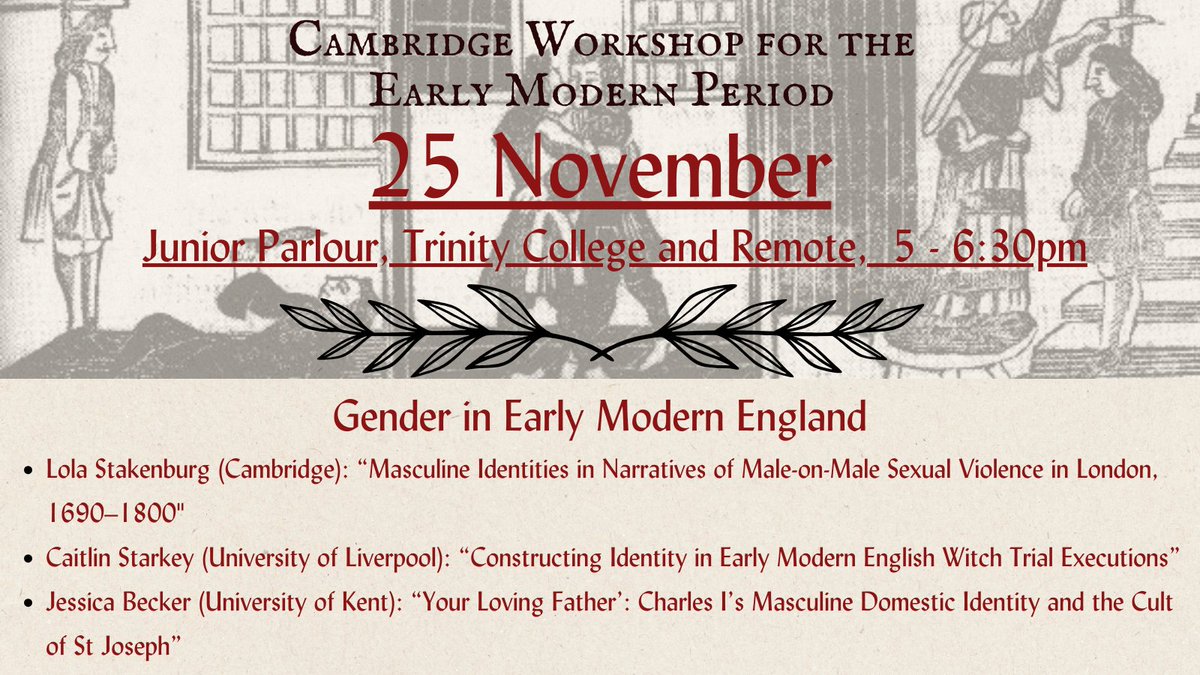 Reminder that out next session is TODAY at 5pm on Gender in Early Modern England - We're thrilled to welcome three speakers! Get in touch if you would like the Zoom link to join virtually.