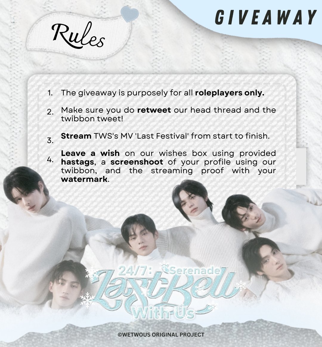 WeTwoUs's tweet image. ㅤ
❄️ / Various prizes have been prepared along with several rules that must be followed to get the 𝗴𝗶𝘃𝗲𝗮𝘄𝗮𝘆 provided. So pay close attention to what is written in it, and don't miss any of the rules that must be obeyed. 🔔
ㅤ