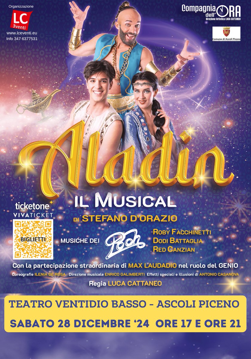 Sabato 28 dicembre al teatro Ventidio Basso, alle ore 17.00 e alle ore 21.00, andrà in scena "Aladin - Il musical", di Stefano D'Orazio con le musiche dei Pooh e la partecipazione straordinaria di Max Laudadio nel ruolo del Genio.

facebook.com/ascolipiceno/p…
