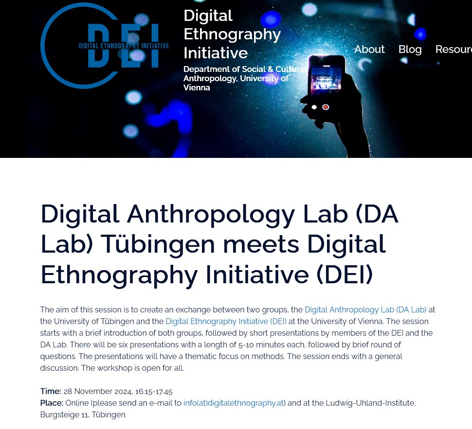 DEI (<a href="/univienna/">Universität Wien</a>) will meet with <a href="/LCF_DALab/">LCF_DALab</a> to share &amp; discuss research in digital #anthropology &amp; #ethnography. Join us online ⬇️ 
digitalethnography.at/digital-anthro…