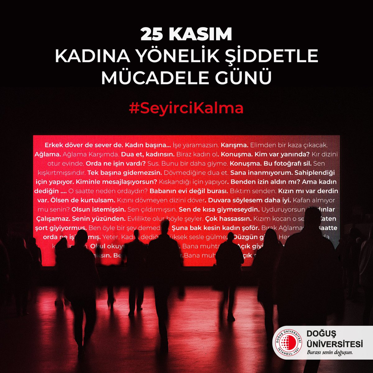Bugün 25 Kasım #KadınaYönelikŞiddetleMücadeleGünü

Kadına yönelik şiddeti sona erdirmek için hep birlikte farkındalık yaratmalı; şiddeti normalleştiren her türlü söyleme ve davranışa karşı durmalıyız.

#SeyirciKalma