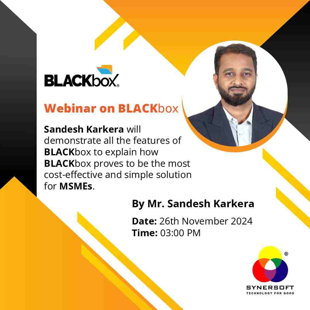 SynersoftTech's tweet image. 📢 Join the BLACKbox Demo Show with Sandesh Karkera on 26th Nov 2024 at 3 PM. Learn how BLACKbox tackles IT challenges for MSMEs like data loss, WFH, &amp;amp; productivity.

🔗 Register: synersoft.in/webinars/26thN…

#BLACKbox #MSMESolutions #DataSecurity