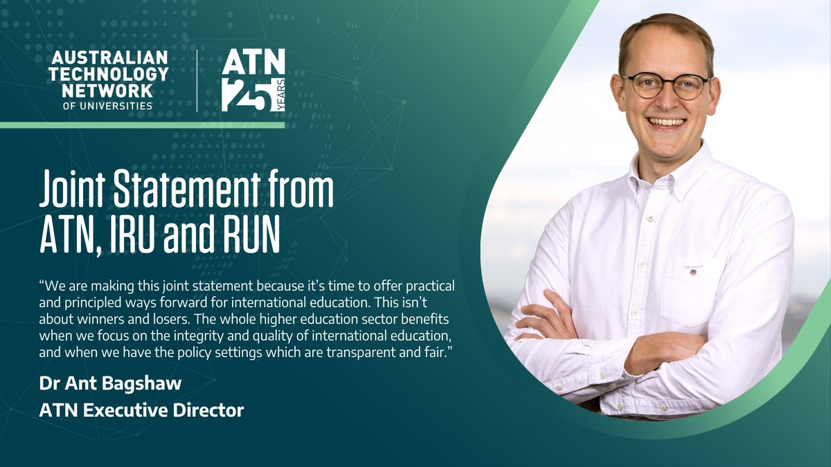 ATN Universities (@atnunis) on Twitter photo ATN Executive Director Dr Ant Bagshaw has highlighted the importance of working together across the sector following our joint statement on international education with peak body counterparts <a href="/IRUAustralia/">Innovative Research Universities (IRU)</a> and <a href="/RegUniNet/">Regional Universities Network</a> (RUN). The announcement outlines ways forward which can ATN Executive Director Dr Ant Bagshaw has highlighted the importance of working together across the sector following our joint statement on international education with peak body counterparts <a href="/IRUAustralia/">Innovative Research Universities (IRU)</a> and <a href="/RegUniNet/">Regional Universities Network</a> (RUN). The announcement outlines ways forward which can
