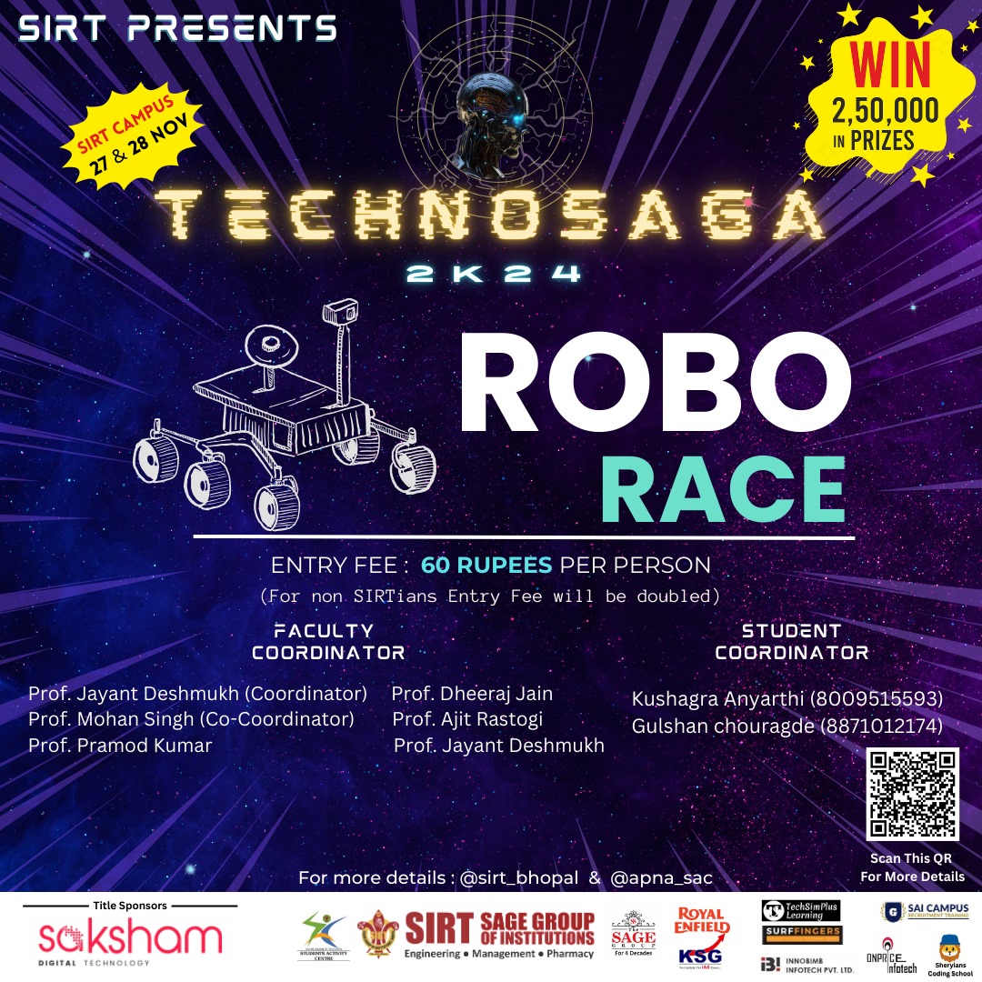 SIRT_BHOPAL's tweet image. Get ready to rev up your robots!🤖👾🤖 Participate in the Robo Race event at Techno Sagar 2K24&quot;🤖👾
Entry Fee: ₹60/person

#TechnoSagar2K24 
#RoboRace 
#robotics 
#TechnoSagar2K24 
#Robots 
#TechEvent
#Engineering 
#Innovation
#thesagegroup
#thesagebhopal