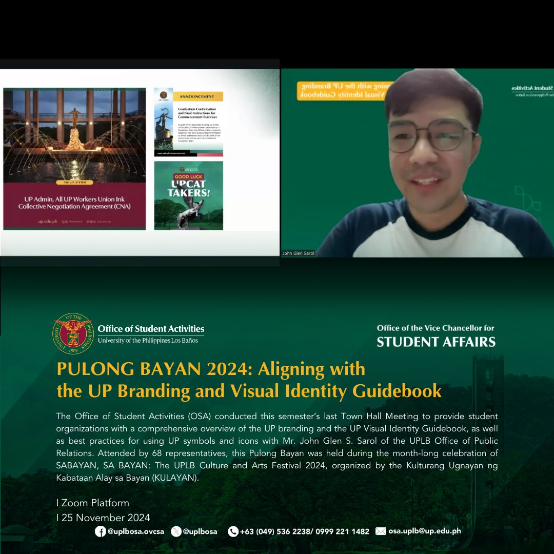 uplbosa's tweet photo. UPLB OSA conducted this sem's last Pulong Bayan to provide student orgs with a comprehensive overview of the UP branding and the UP Visual Identity Guidebook, as well as best practices for using UP symbols and icons earlier today.

#UPLB
#UPLBOSA https://t.co/JfAQ3TDILO