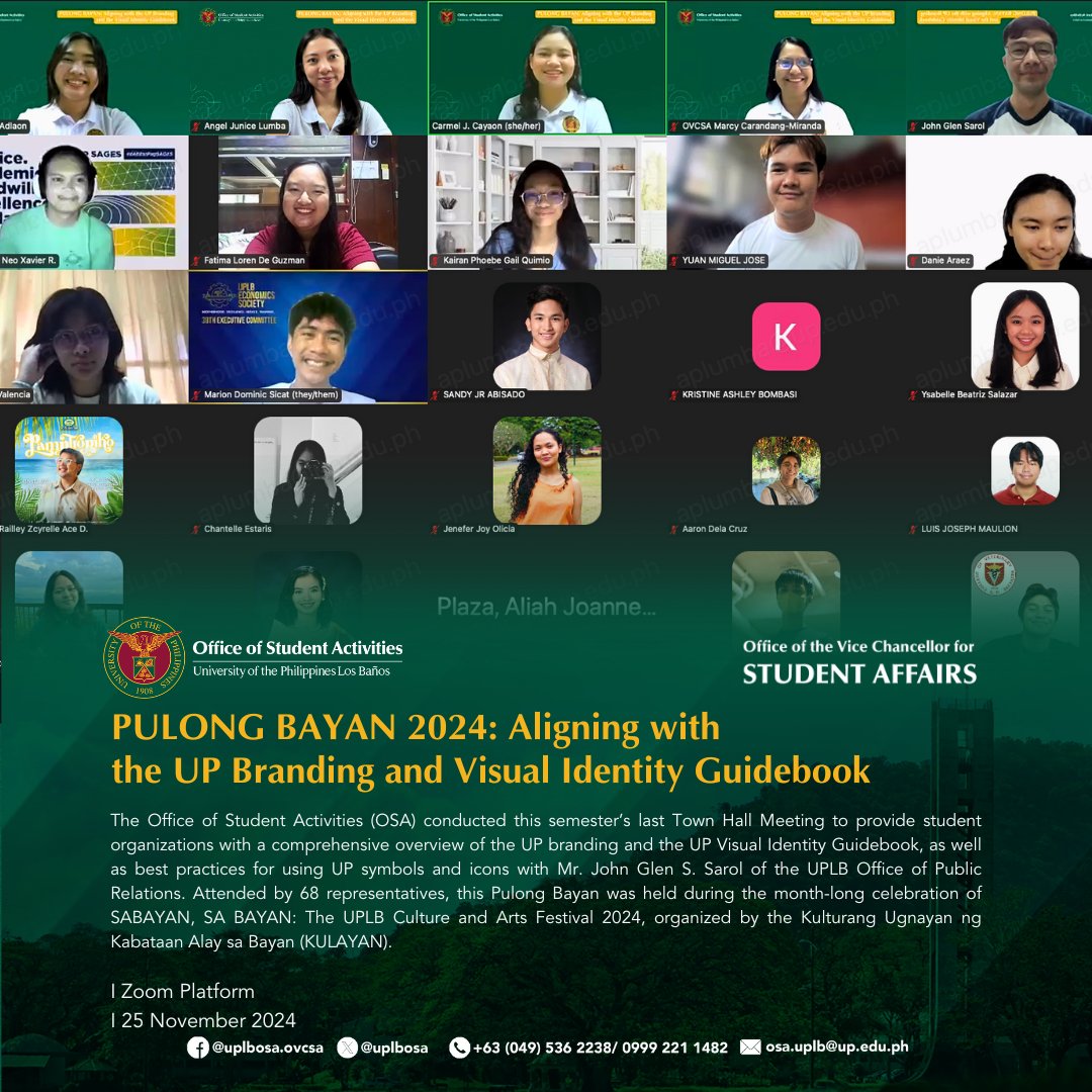 uplbosa's tweet photo. UPLB OSA conducted this sem's last Pulong Bayan to provide student orgs with a comprehensive overview of the UP branding and the UP Visual Identity Guidebook, as well as best practices for using UP symbols and icons earlier today.

#UPLB
#UPLBOSA https://t.co/JfAQ3TDILO