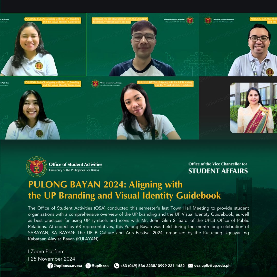 With Mr. John Glen S. Sarol of the UPLB Office of Public Relations and 68 representatives, this Pulong Bayan was held during the month-long celebration of SABAYAN, SA BAYAN: The UPLB Culture and Arts Festival 2024, organized by <a href="/kulayan_uplb/">❤️‍🔥 KULAYAN UPLB ❤️‍🔥</a>.

#UPLB
#UPLBOSA