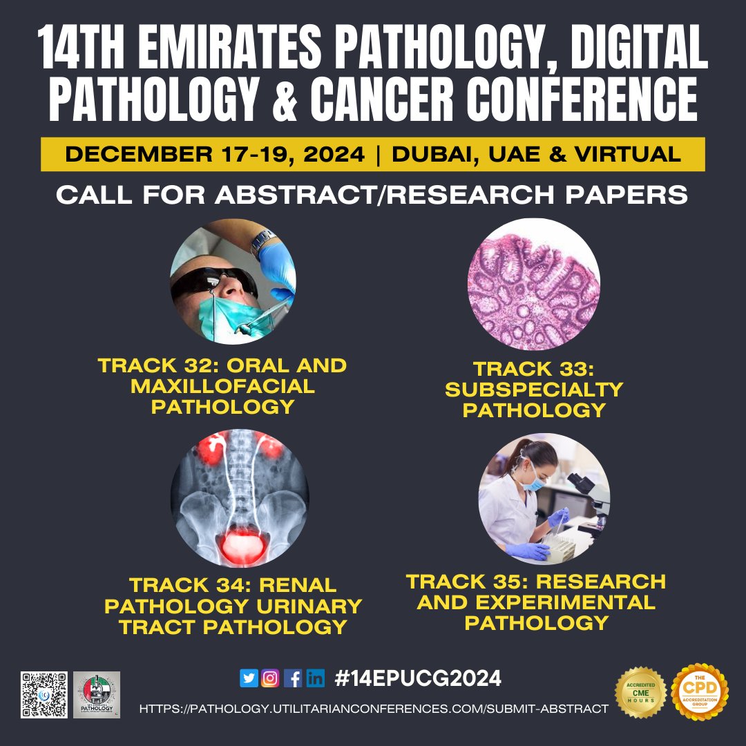 Pathology Experts (@pathologyexper1) on Twitter photo Call for Speaker/Poster!!
Share your experiences at the 14th Emirates Pathology, Digital Pathology & Cancer Conference from Dec 17-19, 2024 in Dubai, UAE & Virtual.
Submit here: pathology.utilitarianconferences.com/submit-abstract 
#Pathology #Digitalpathology #MxperimentalPathology #RenalPathology Call for Speaker/Poster!!
Share your experiences at the 14th Emirates Pathology, Digital Pathology & Cancer Conference from Dec 17-19, 2024 in Dubai, UAE & Virtual.
Submit here: pathology.utilitarianconferences.com/submit-abstract 
#Pathology #Digitalpathology #MxperimentalPathology #RenalPathology