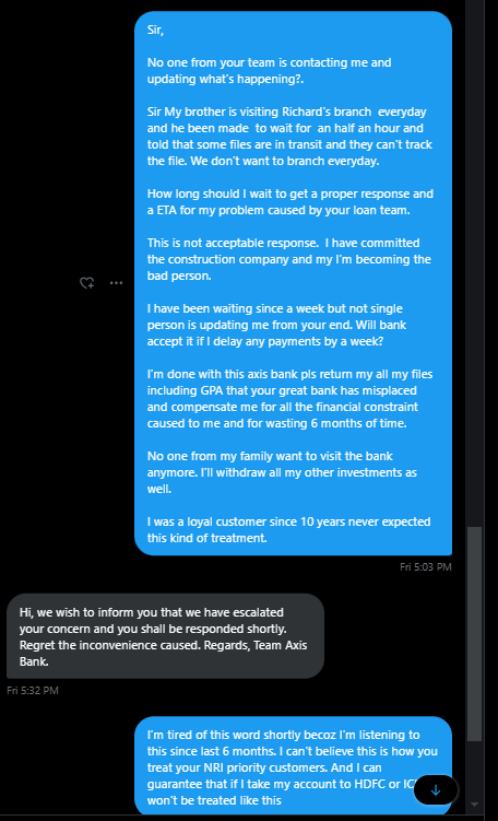 mohdimran043's tweet photo. @AmitabhChaudhry @AxisBank @AxisBankSupport Hi @AmitabhChaudhry @AxisBankSupport, I gave enough time even after escalation. However, not a single person has contacted me regarding my concern. Your 10 years of customer is taken for granted! I have taken loans with other banks as well but have never seen such unprofessionals https://t.co/O56FzVkN2N