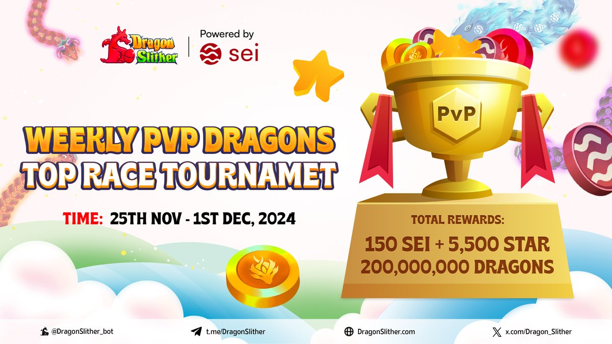 🐲WEEKLY PvP DRAGONs TOP RACE TOURNAMENT 

🎁Total Rewards: 
 200,000,000 DRAGONs + 150 SEI + 5,500 Stars🌟
(for top 10 PvP DRAGONs each week)

Prize Breakdown:
1️⃣Top 1: 100,000,000 DRAGONs + 50 SEI + 1,500 Stars 🌟
2️⃣Top 2: 20,000,000 DRAGONs + 20 SEI + 800 Stars 🌟
✨Top 3 -