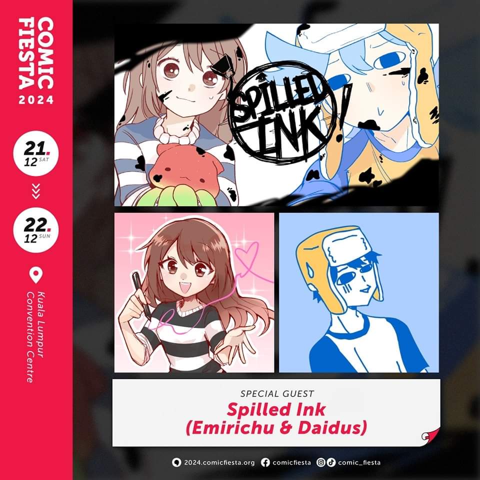 Comic Fiesta 2024 is pleased to announce special guests Emirichu &amp; Daidus of Spilled Ink!

Emirichu is a youtuber illustrator known for her cage vlogs &amp; storytelling content and Daidus is a seasoned YouTube animator known for his squid-themed art to tell life experience stories.