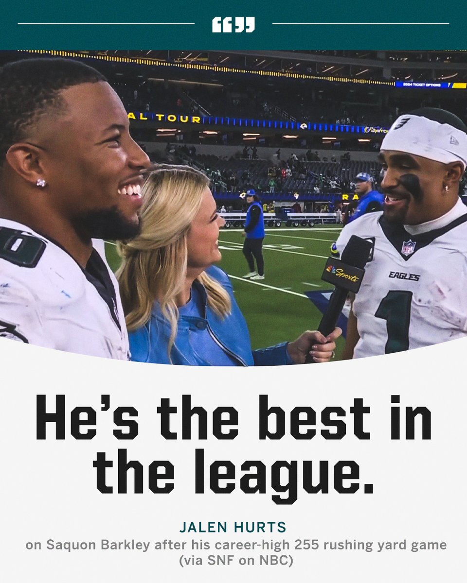 espn's tweet photo. Jalen Hurts calls Saquon the best running back after a historic night 🔥

(via SNF on NBC) https://t.co/OBz23OzaC5