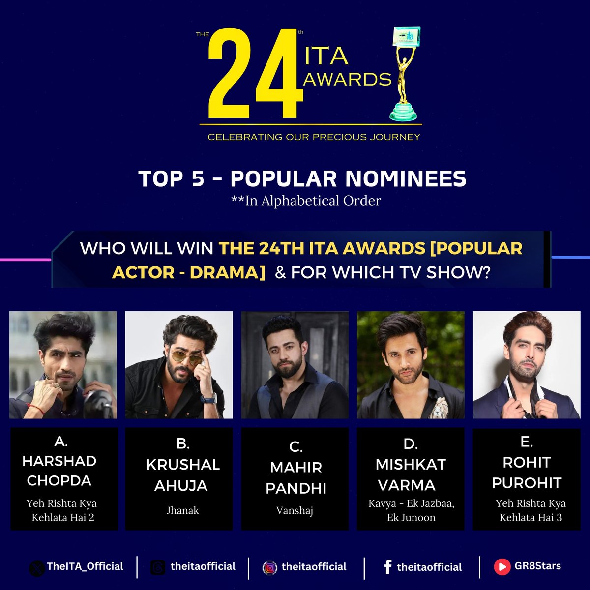 #ITAAwards (@theita_official) on Twitter photo Top 5 Nominees : Popular TV Actor
<a href="/ChopdaHarshad/">Harshad Chopda</a>  <a href="/MahirPandhi/">Mahir Pandhi</a> <a href="/mishkatvarma17/">Mishkat Varma</a>  <a href="/ROHITPUROHIT00/">Rohit purohit</a>  @krushal_ahuja 
#ITAAwards #ITA2024 Top 5 Nominees : Popular TV Actor
<a href="/ChopdaHarshad/">Harshad Chopda</a>  <a href="/MahirPandhi/">Mahir Pandhi</a> <a href="/mishkatvarma17/">Mishkat Varma</a>  <a href="/ROHITPUROHIT00/">Rohit purohit</a>  @krushal_ahuja 
#ITAAwards #ITA2024
