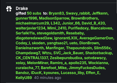 Shoutout to <a href="/Drake/">Drizzy</a> for blessing my stream with the gifted subs today 🥹🩷