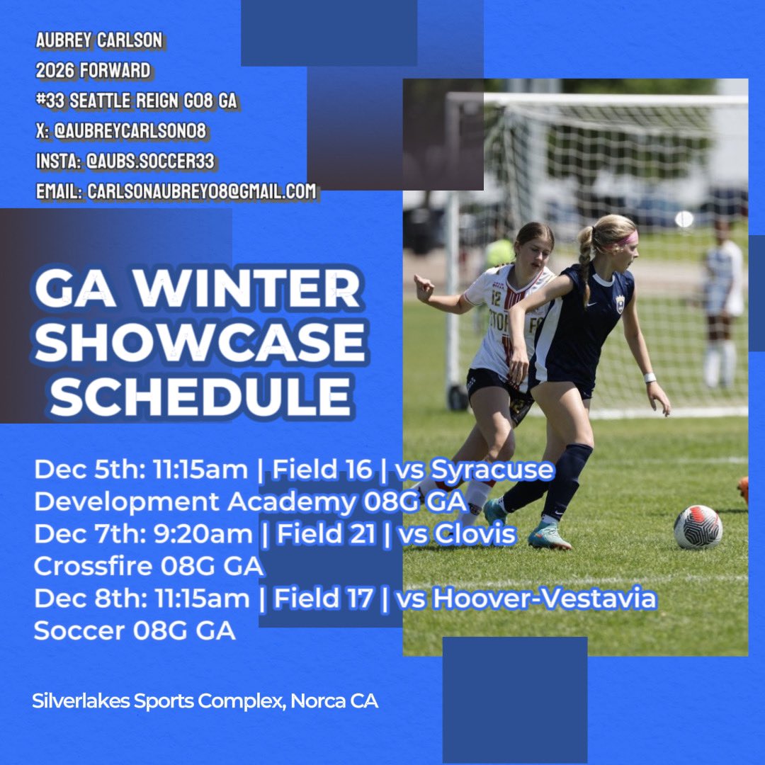 Aubrey Carlson (@aubreycarlson08) on Twitter photo The GA Winter Showcase is coming up, so excited! Go Reign!!🔥🔥
<a href="/ImYouthSoccer/">ECNL/GA/Recruiting/College Soccer</a> <a href="/PrepSoccer/">Prep Soccer ⚽️</a> <a href="/TopDrawerSoccer/">TopDrawerSoccer</a>
<a href="/girlssoccernet/">Girls Soccer Network</a> <a href="/GAcademyLeague/">Girls Academy</a> <a href="/soccerwire/">soccerwire</a> @maxpreps <a href="/NCAASoccer/">NCAA Soccer</a> The GA Winter Showcase is coming up, so excited! Go Reign!!🔥🔥
<a href="/ImYouthSoccer/">ECNL/GA/Recruiting/College Soccer</a> <a href="/PrepSoccer/">Prep Soccer ⚽️</a> <a href="/TopDrawerSoccer/">TopDrawerSoccer</a>
<a href="/girlssoccernet/">Girls Soccer Network</a> <a href="/GAcademyLeague/">Girls Academy</a> <a href="/soccerwire/">soccerwire</a> @maxpreps <a href="/NCAASoccer/">NCAA Soccer</a>