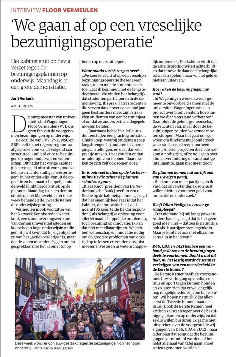 Oproep van Netwerk Kennissteden Nederland voorzitter <a href="/floorvermeulen/">Floor Vermeulen</a> in <a href="/nrc/">NRC</a> .In een tijd waarin we veel verwachten van innovatie bij de uitdagingen waar we voor staan passen geen bezuinigingen op hoger onderwijs en wetenschap! <a href="/tudelft/">TU Delft</a>