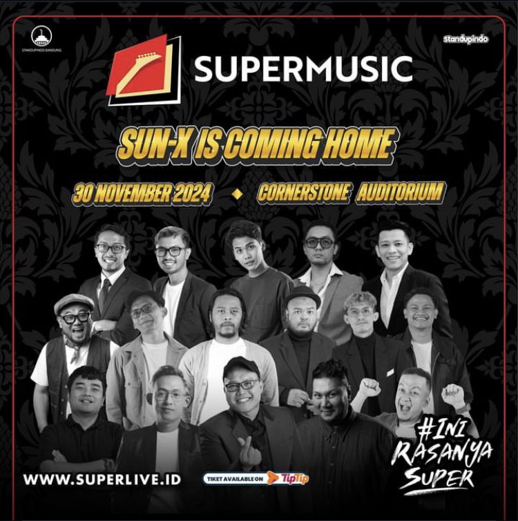 Selain mendukung karya musik musisi lokal, <a href="/SuperMusic_ID/">SUPERMUSIC</a> juga mendukung acara stand up. Keren banget deh! 👏🖤

Terima kasih ya sudah menjadi bagian dari #SUNXBANDUNG: IS COMING HOME. Dengan ini acara kami dijamin SUPER seruuu 🤘🤘

#SUNXBDG
#ISCOMINGHOME
#IniRasanyaSuper