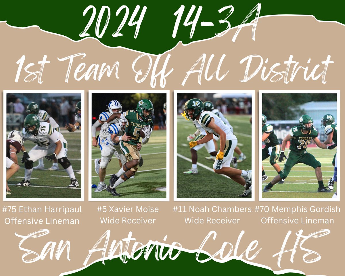 Scott Kissee (@scott_kissee) on Twitter photo Congrats to the <a href="/RGC_Football/">Cole Cougar Football</a> 1st Team All District Offensive and Defensive players! @mulletman0840 <a href="/VadenMcneill/">Vaden McNeill</a> <a href="/AakelisBul22451/">aakelis bulluck</a> <a href="/EHarripaul/">Ethan Harripaul</a> <a href="/NoahChambers07/">Noah Chambers</a>
<a href="/FSHISD/">Fort Sam Houston ISD</a> <a href="/JBSA_Official/">JointBaseSanAntonio</a> <a href="/RGC_MS_HS/">Robert G. Cole Middle/High School</a> Congrats to the <a href="/RGC_Football/">Cole Cougar Football</a> 1st Team All District Offensive and Defensive players! @mulletman0840 <a href="/VadenMcneill/">Vaden McNeill</a> <a href="/AakelisBul22451/">aakelis bulluck</a> <a href="/EHarripaul/">Ethan Harripaul</a> <a href="/NoahChambers07/">Noah Chambers</a>
<a href="/FSHISD/">Fort Sam Houston ISD</a> <a href="/JBSA_Official/">JointBaseSanAntonio</a> <a href="/RGC_MS_HS/">Robert G. Cole Middle/High School</a>